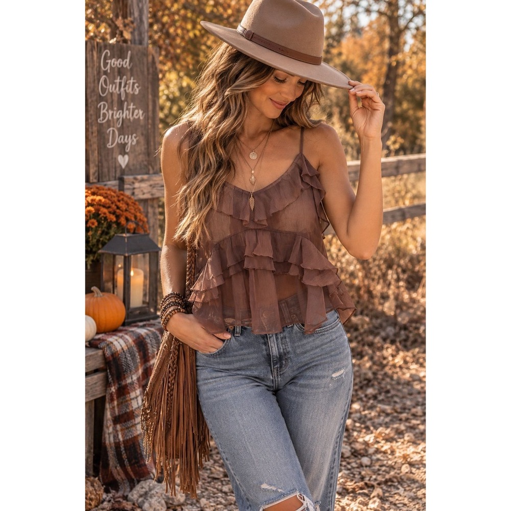 Old Navy L Brown Sheer Ruffle Cami Top – Boho Romantic NWT